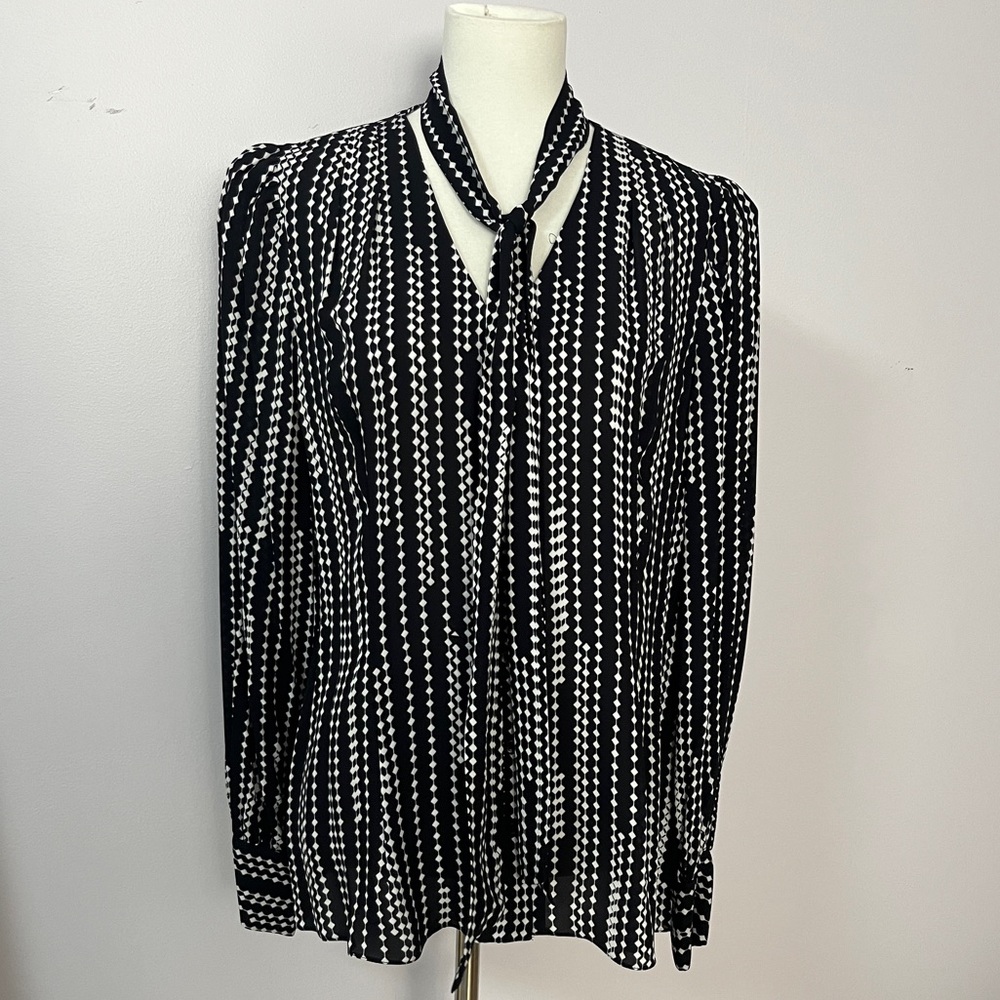 Elie Tahari button up tie neck blouse with ruffle shoulder